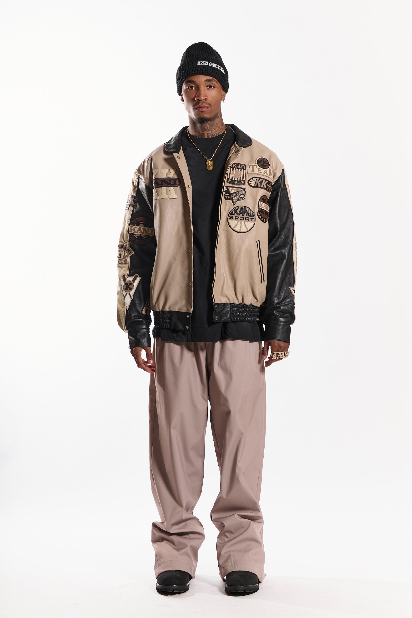Leather Patch Jacket (Beige/Black) – Karl Kani