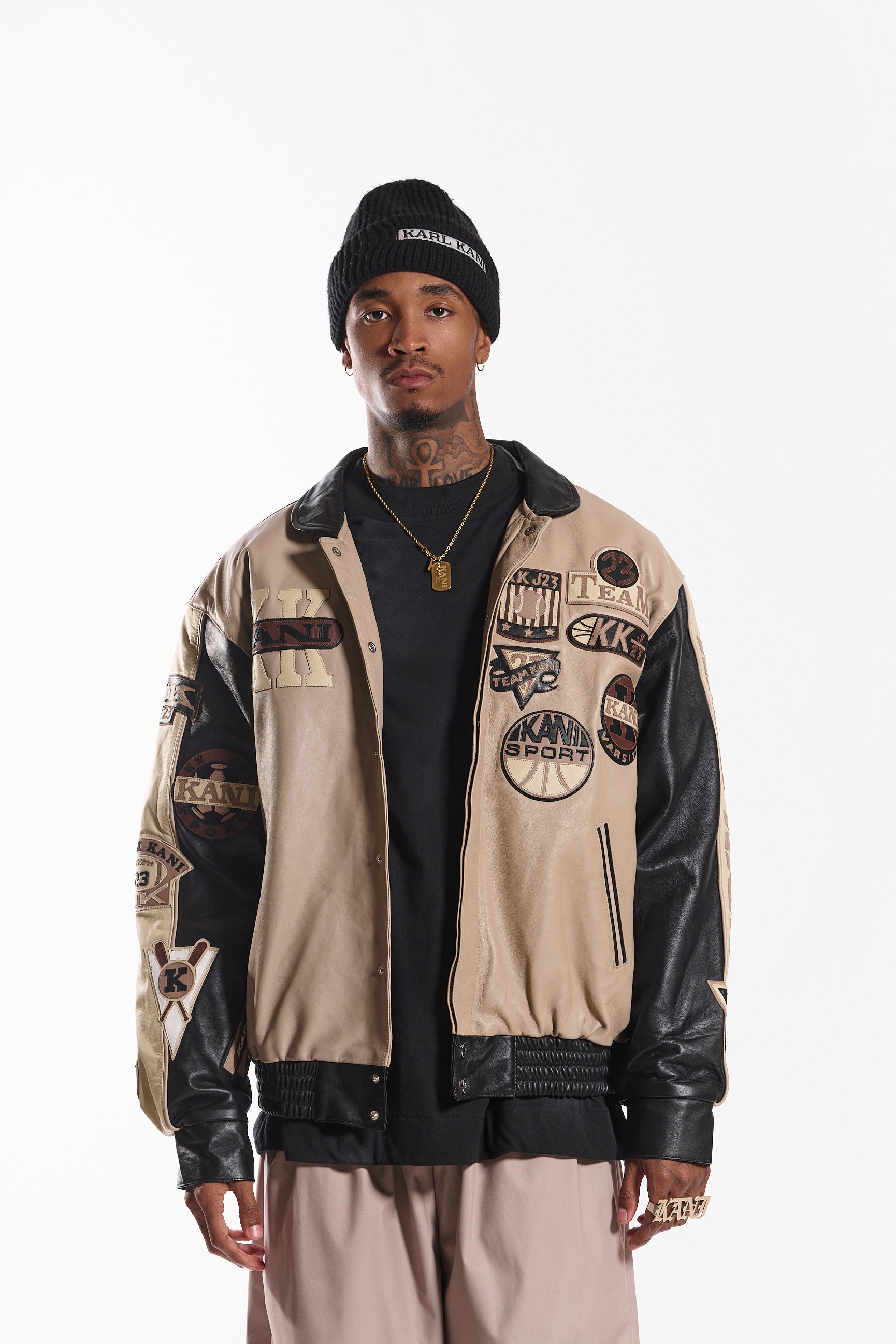 Leather Patch Jacket (Beige/Black) – Karl Kani