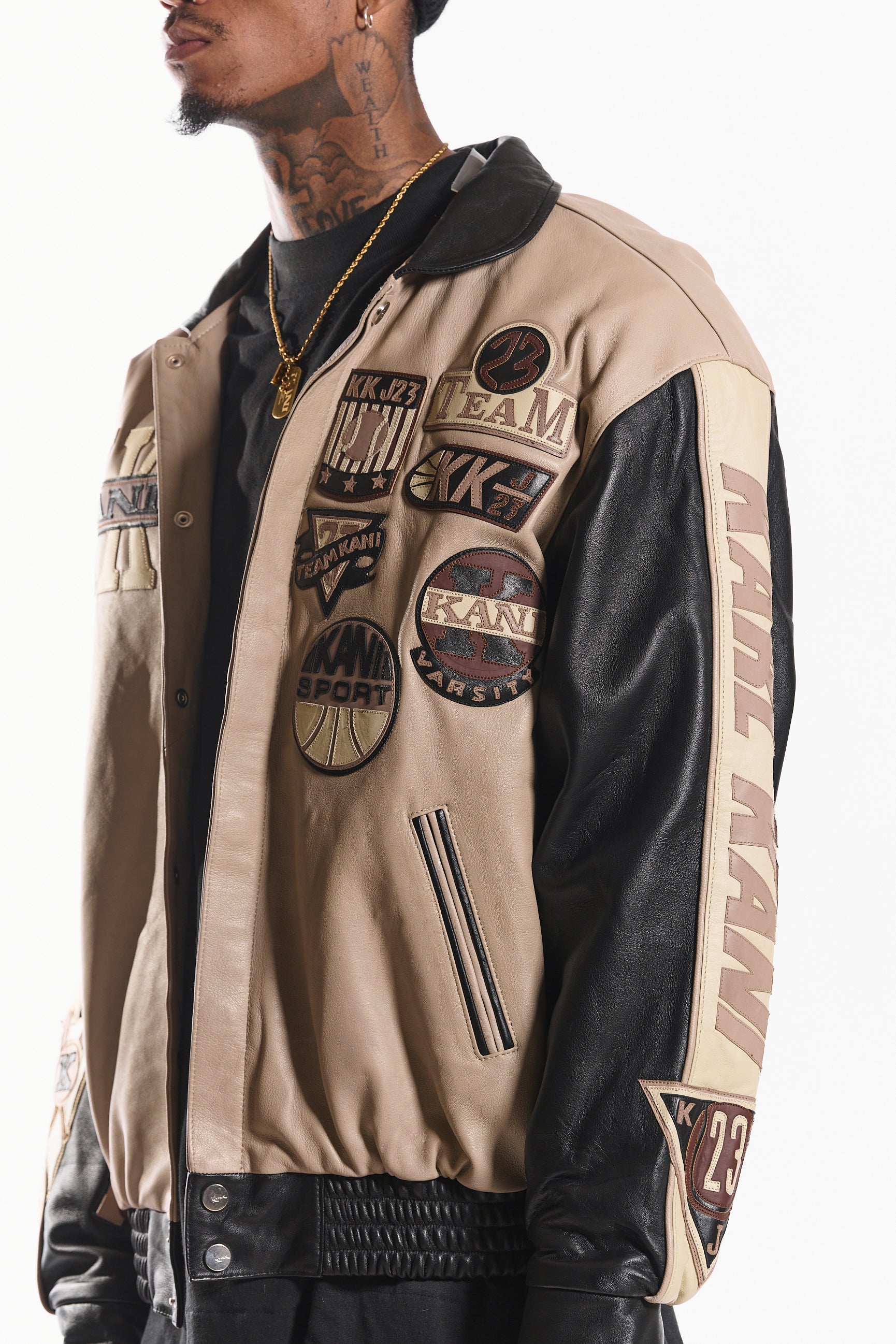 Leather Patch Jacket (Beige/Black) – Karl Kani